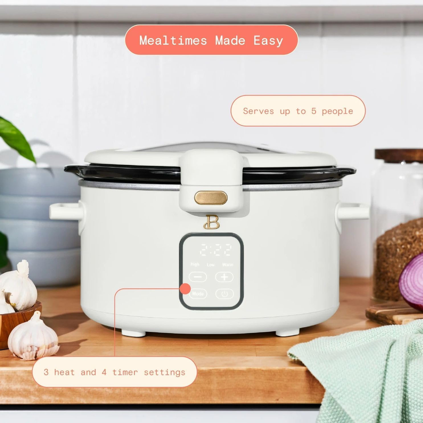 4QT Programmable Slow Cooker with Hinged Lid, Touch Display, Multiple Heat Settings, Ideal for Family Meals