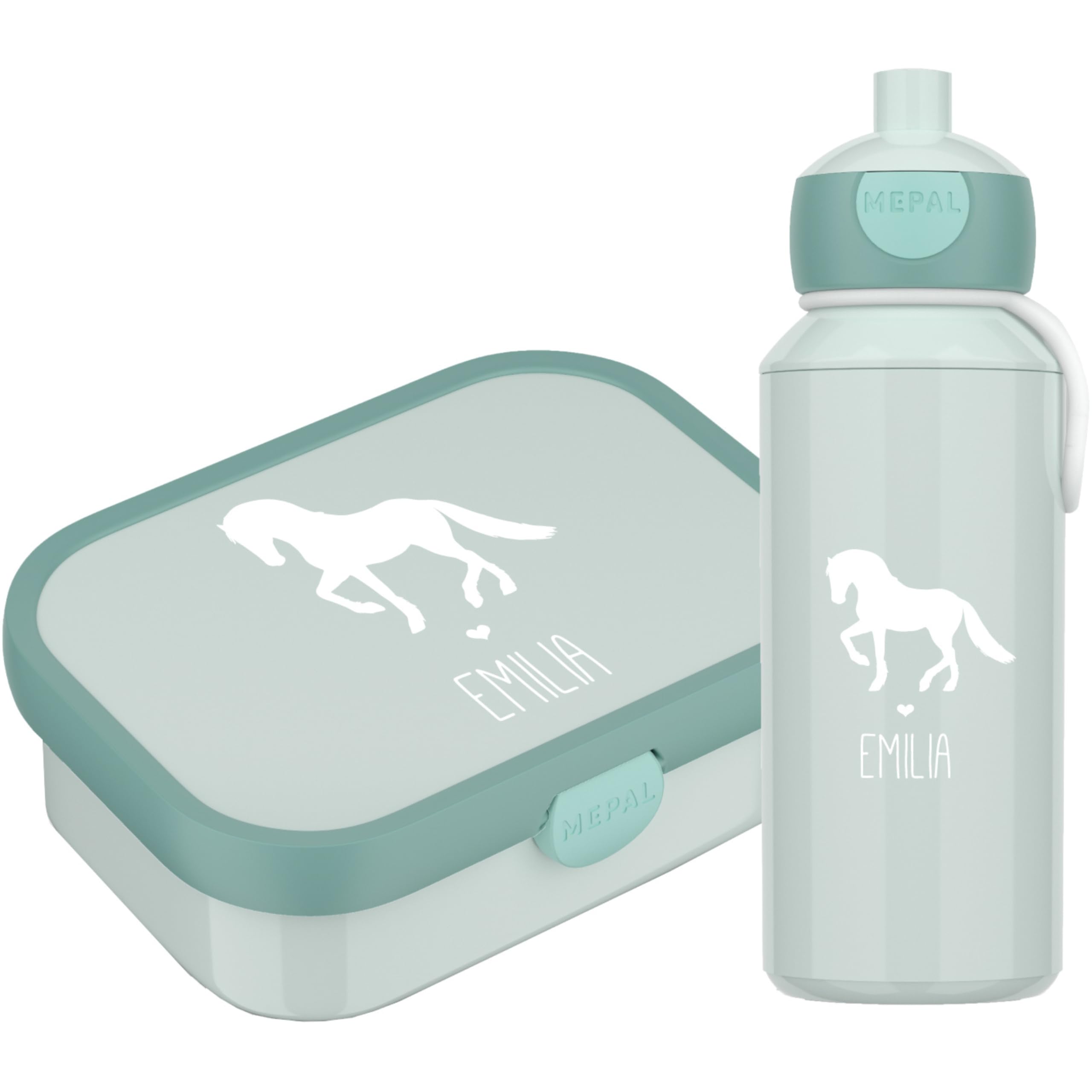 4ou Design Mepal Set Brotdose & Trinkflasche personalisiert mit Namen – Silhouette Pferd – Auslaufsicher, Bento Einsatz rausnehmbar, inkl. Snackgabel – BPA frei – Geschenk für Kinder (Cool Mint)