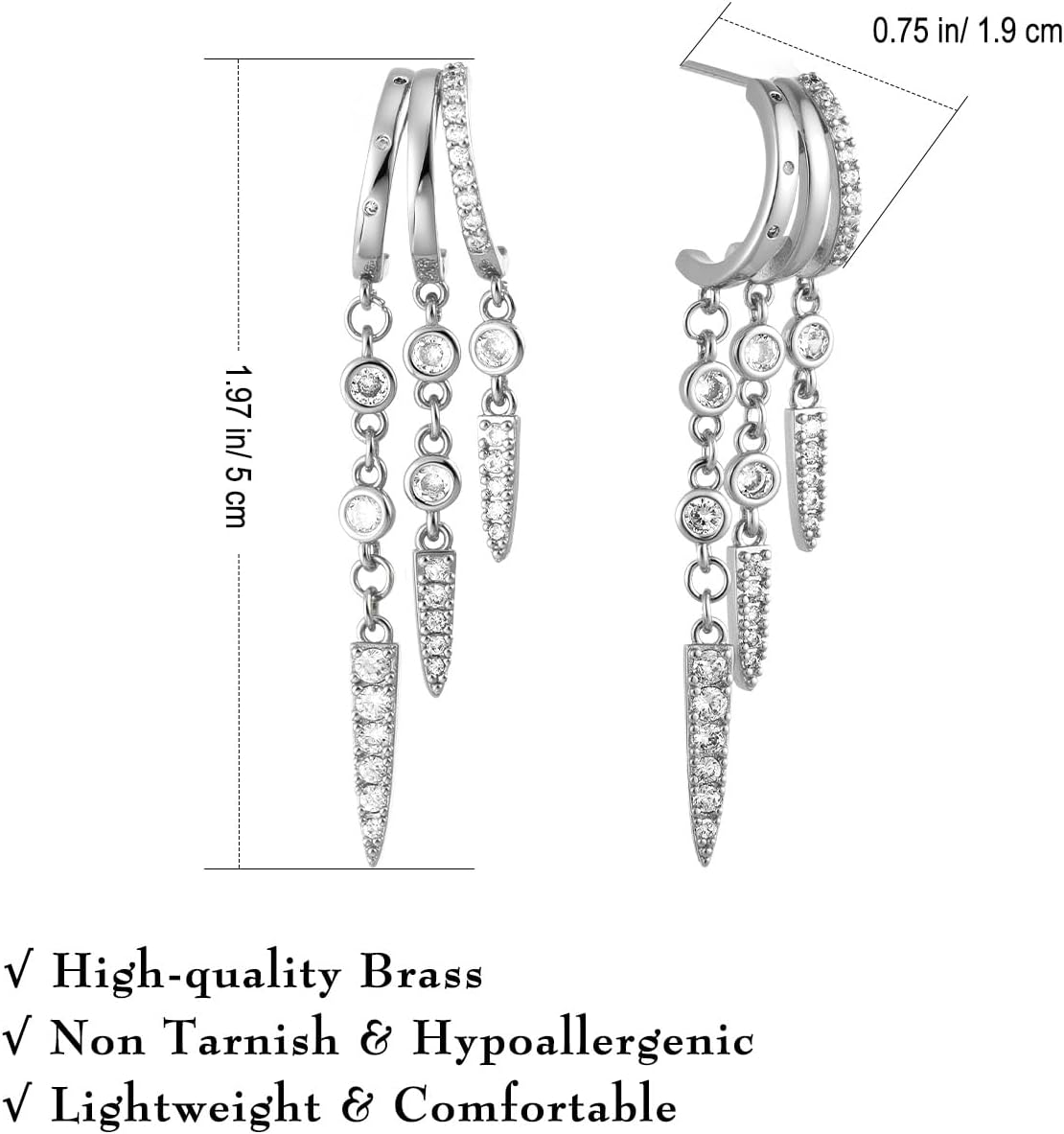 Emibele Huggie Dangle Earrings for Women, Non Tarnish Triple Hoop Drop Earrings with Cubic Zirconia, Trendy Hypoallergenic Long Chain Huggie Earrings Fashion Jewelry Gifts - Image 7