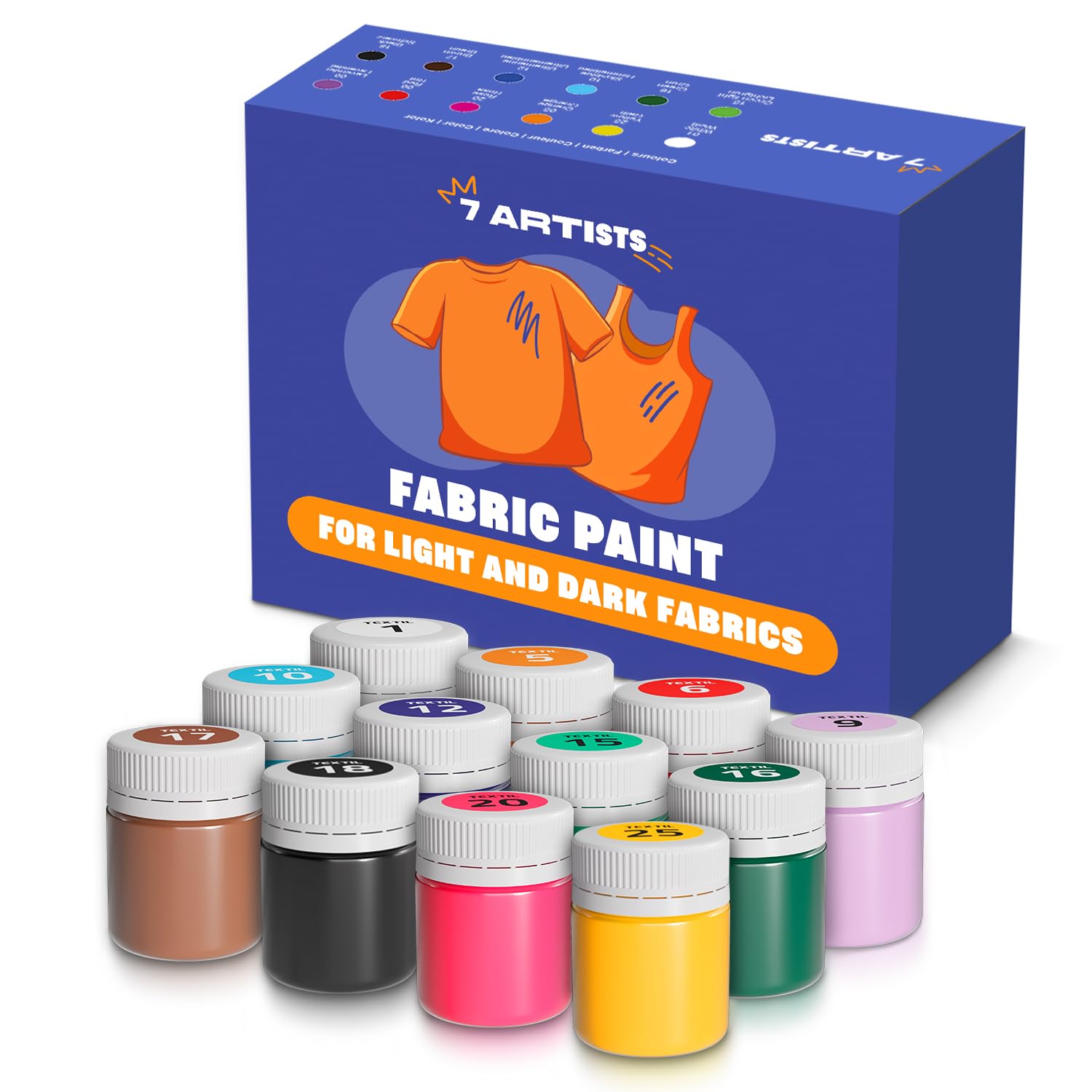 7 Artists Fabric Paint for Clothes Permanent Set 12 x 20ml/0.68 oz – Acrylic Paint for Clothes, Tshirt, Shoes, Sneakers, Canvas Tote Bags, Outdoor