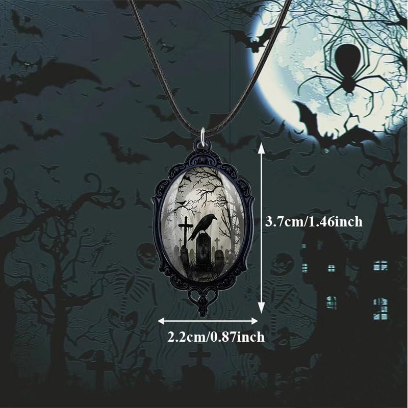 coadipress Goth Raven Cameo Earrings Necklace Set for Women Vintage Gothic Crow Cross Raven Pendant Necklace and Earrings Halloween Witch Costume Accessories Jewelry Gift - Image 3
