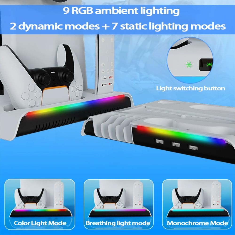 Genérico RGB wentylator stojący konsola do PS5 Slim, zestaw chłodzący stojący podwójny kontroler ładowania stacji uchwyt słuchawkowy do konsoli slim P5