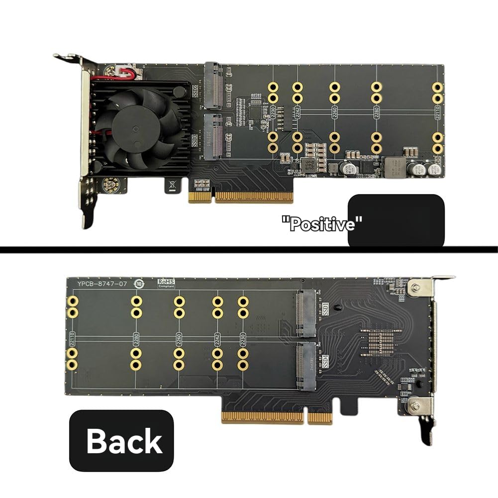 TsoLay PLX8747 PCIe 3.0 X8 4-Bay NVMe Erweiterungskarte Plug&Play - Halbhöhen-/Vollhöhen-Befestigungsset Unterstützt M.2 SSD mit Kühlventilator A