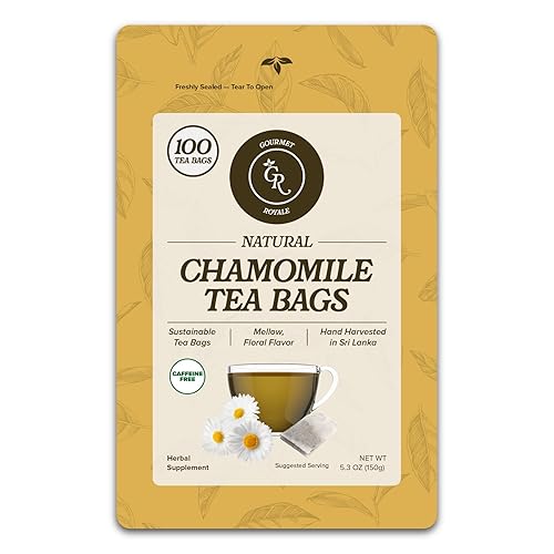Gourmet Royale Té de manzanilla, 100 unidades, bolsas de té sostenibles, sin cafeína y azúcar, manzanilla premium de Sri Lanka, bolsa resellable,