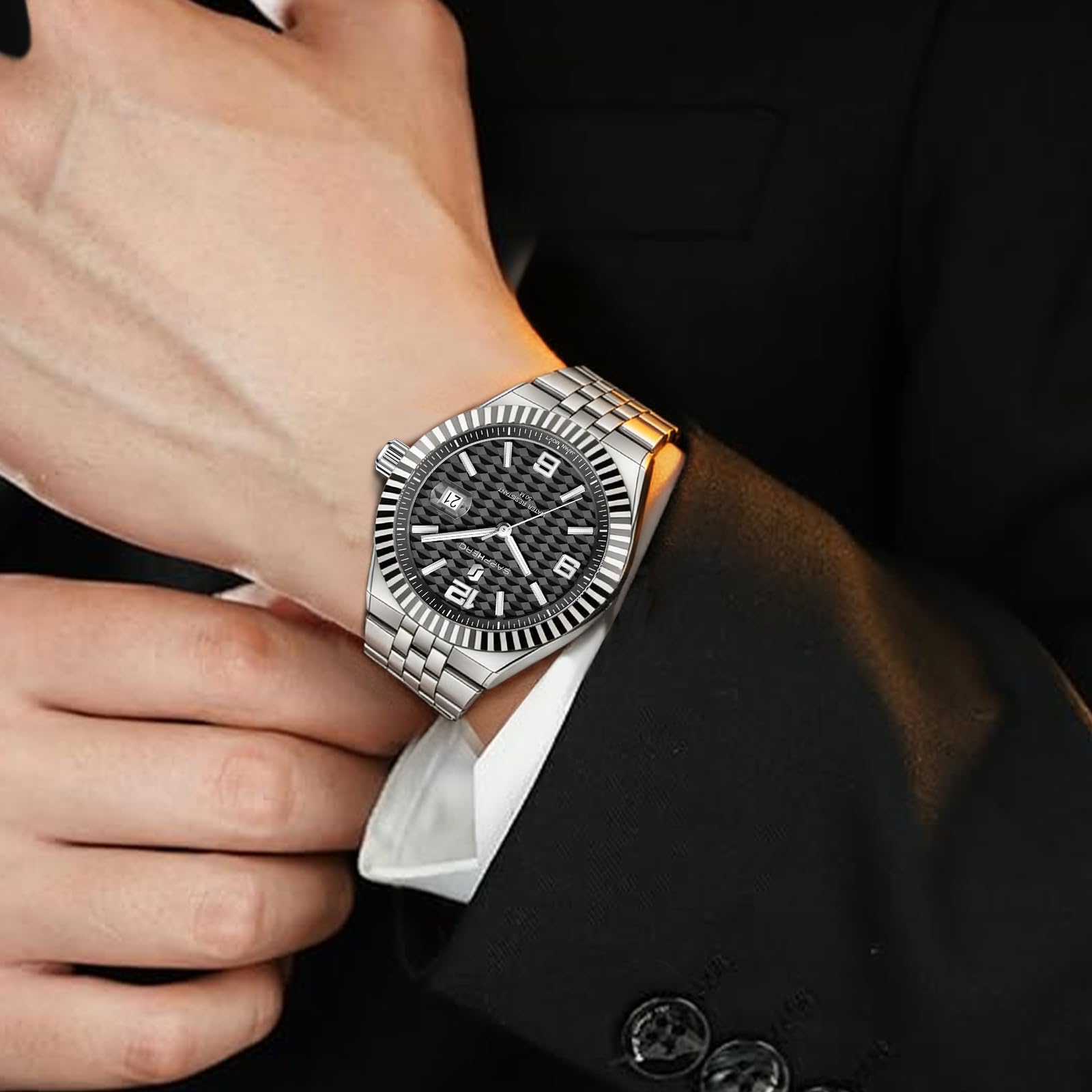 SAPPHERO Herrenuhren Herren-Quarz-Analoguhr Edelstahlarmband mit Datumsfenster Leuchtende Designeruhr 50 m wasserdicht Luxusuhr für Geschäft Arbeit | Wasserdicht bis 30 m, Datumsdesign, Sport, Freizeit, Business, elegant, Geschenk für Herren, Skelettuhr