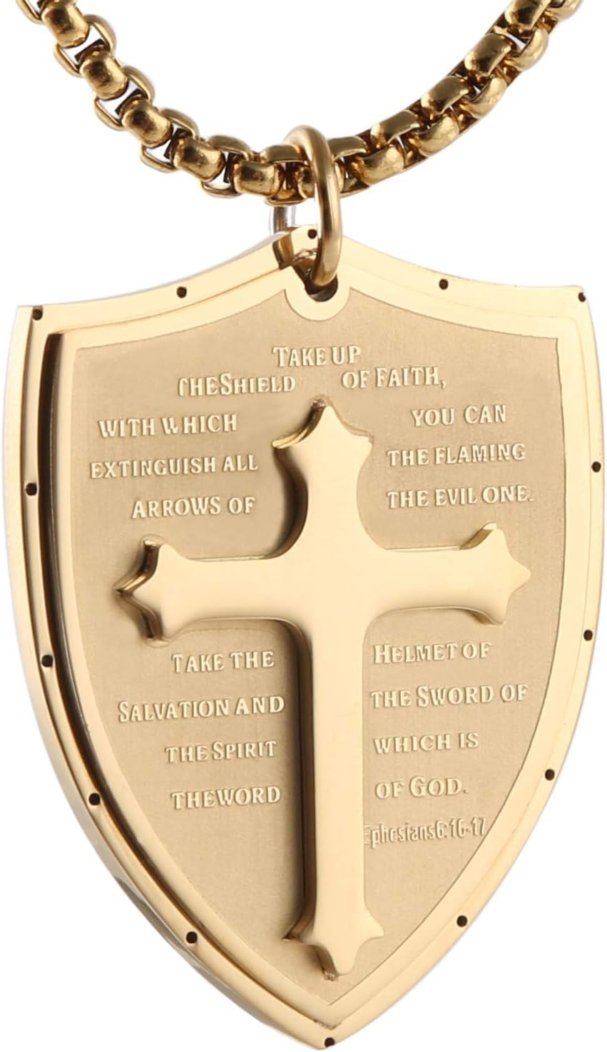 HZMAN Shield Armor of God Ephesians 6:16-17, Faith Cross Stainless Steel Pendant Necklace