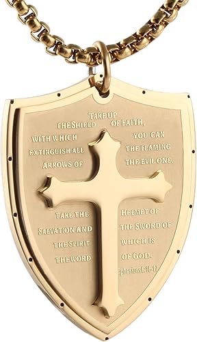 HZMAN collar de acero inoxidable con pendiente de cruz en escudo símbolo de la armadura de Dios con frase de Efesios 616-17