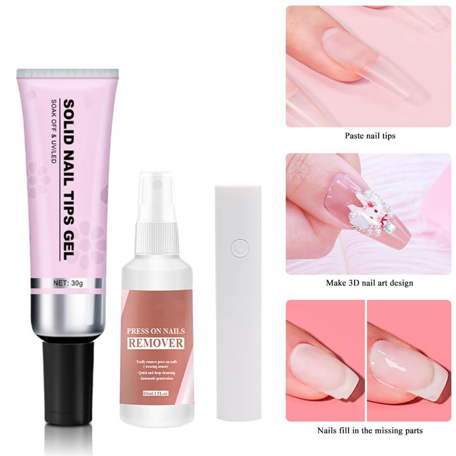 Magic Solid Nail Glue Kit 3-in-1 Nail Art Kits, Soild Nail Glue Gel, Strong Adhesive Solid Nail Glue Gel for Press on Nails Kit, Acrylic Nail Tips Solid Gel for Salon Art DIY at Home