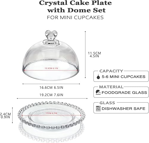 Miniatura 2 de Kanpura Plato de Cristal para Pastel de 7" con Cúpula, Soporte para Pastel con Tapa, Bandeja de Servir de Vidrio con Patrón Redondo con Tapa para