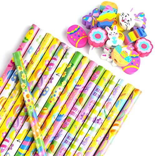 PLULON 16 Pieces Easter Pencils and 16 Erasers Easter Themed Pencils