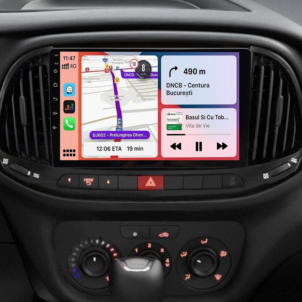 Eforcase 4+64G Car Stereo main unit with Android 14 display, showing included accessories like a microphone, backup camera, and smartphone integration.