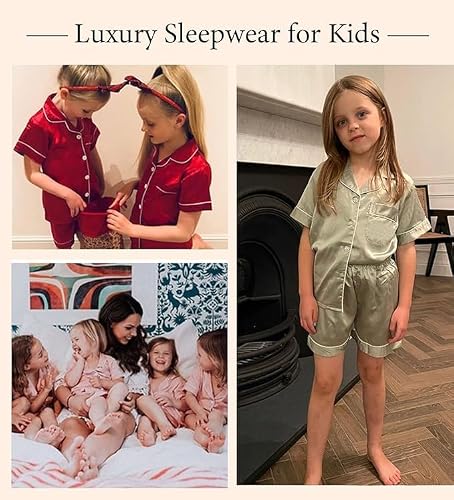 SWOMOG Kids Satin Pajamas Sets Girls Boys Button-Down Pjs Short Sleeve Silk Nightwear 2 Piece Lounge Sets Red