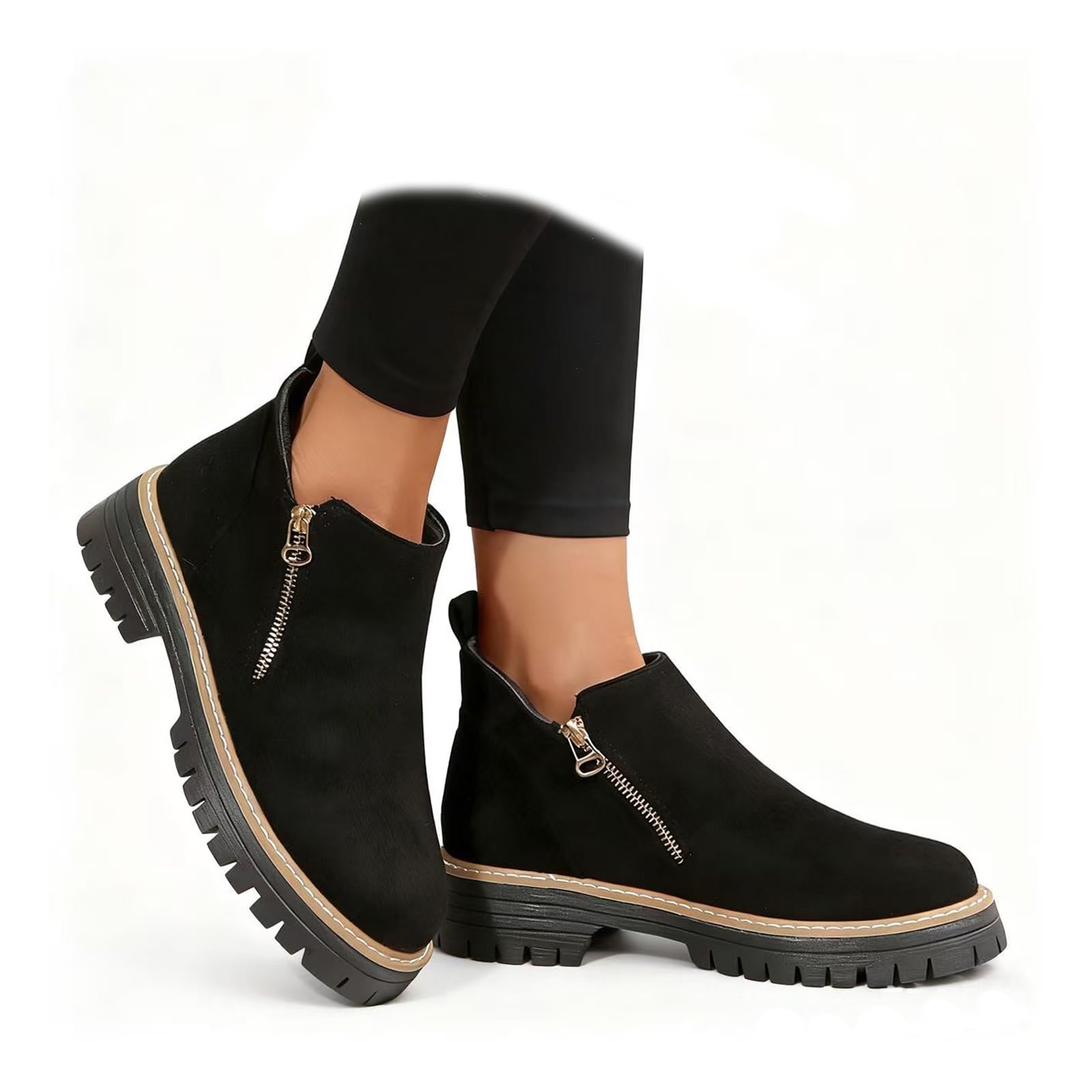Womens Vintage Low Heel Casual Ankle Boots Fashion Pointed Toe Side Zipper Chunky Heels Platform Retro Leather Boots