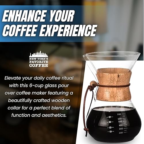 New York's Favorite Coffee - Cafetera para verter 6 tazas, jarra de vidrio de borosilicato con cuello de madera, cafetera de goteo para el hogar y