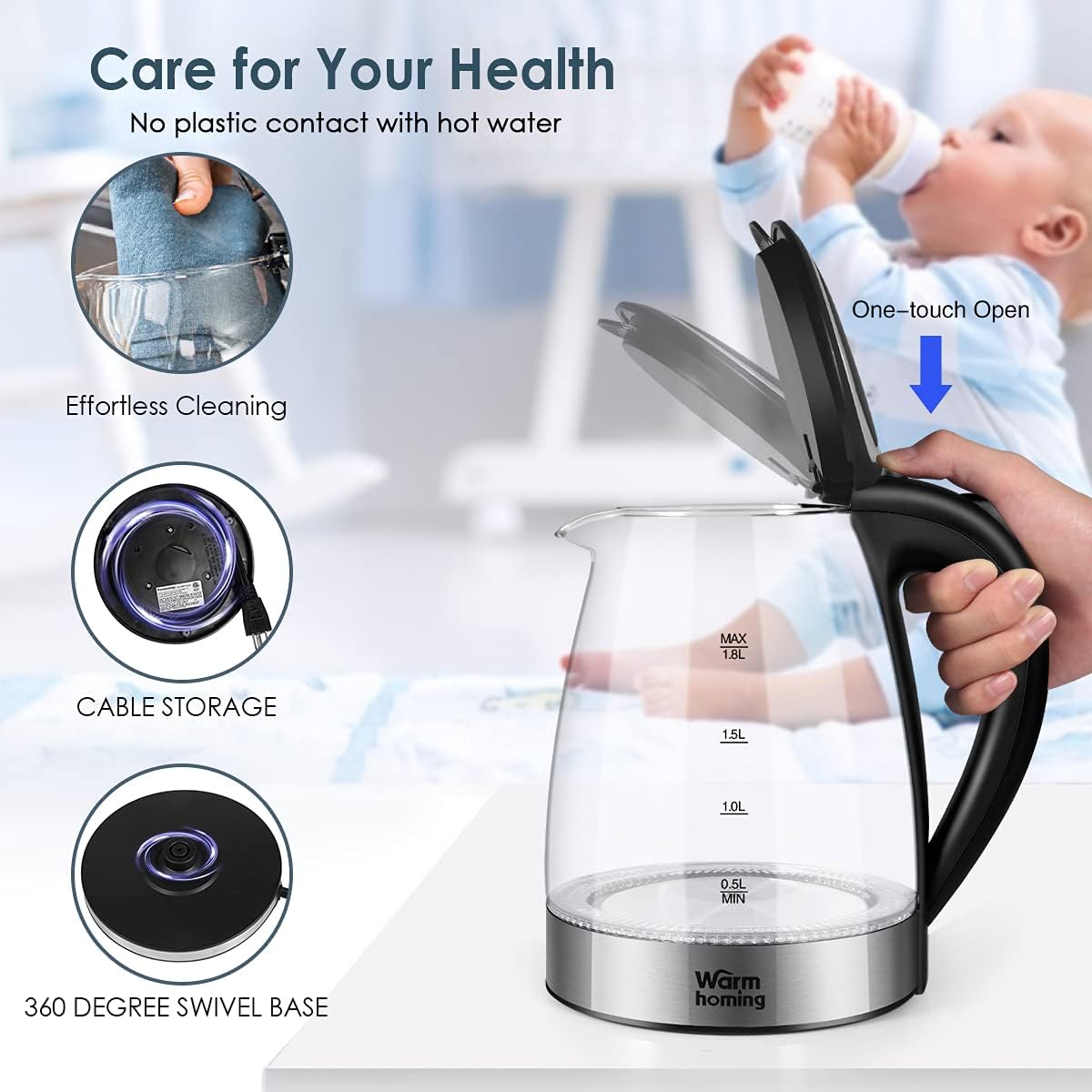 Electric Kettle, Glass Electric Tea Kettle, Hot Water Kettle with Auto Shut-Off & Boil-Dry Protection, Fast Heating Cordless Water Boiler, Countertop Teapot