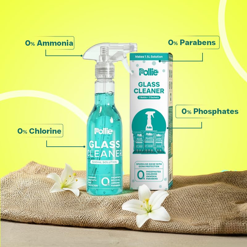 Image of Pollie Glass Cleaner 1.5L | 1 Empty Bottle + 3 Refill Sachets | 1 Sachet Makes 500mL | Gadgets, Electronics, Cars Mirror, Kitchens, Bathrooms & Other Surfaces | Dual Fragrance, Alcohol-Free Formula