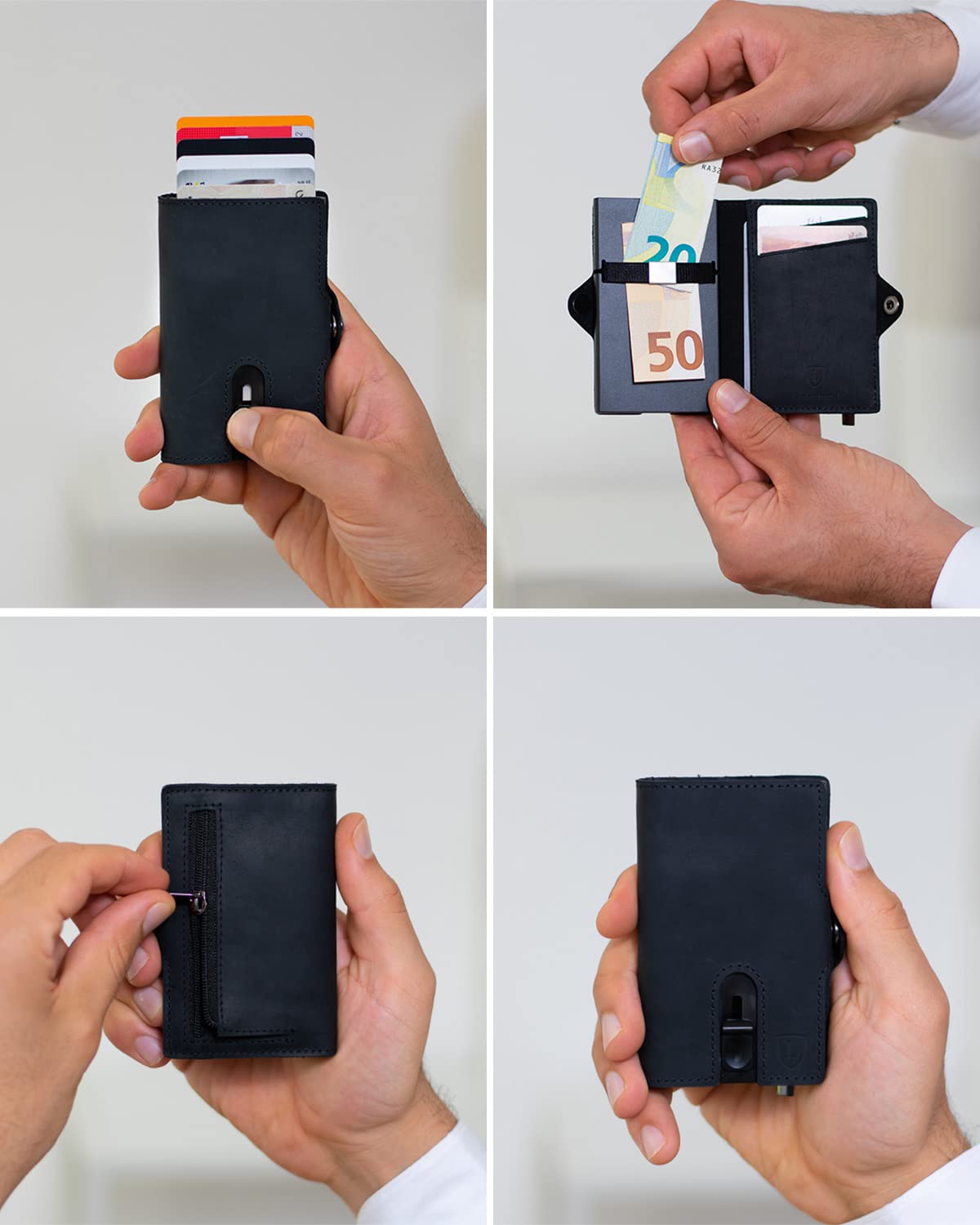 Lederhand® Aventus Wallet – Leder Geldbörse handgemacht für Herren und Damen Portemonnaie Aluminium Kartenhalter mit Münzfach und Platz für 9 Karten mit RFID NFC Schutz Farbe|(Schwarz)
