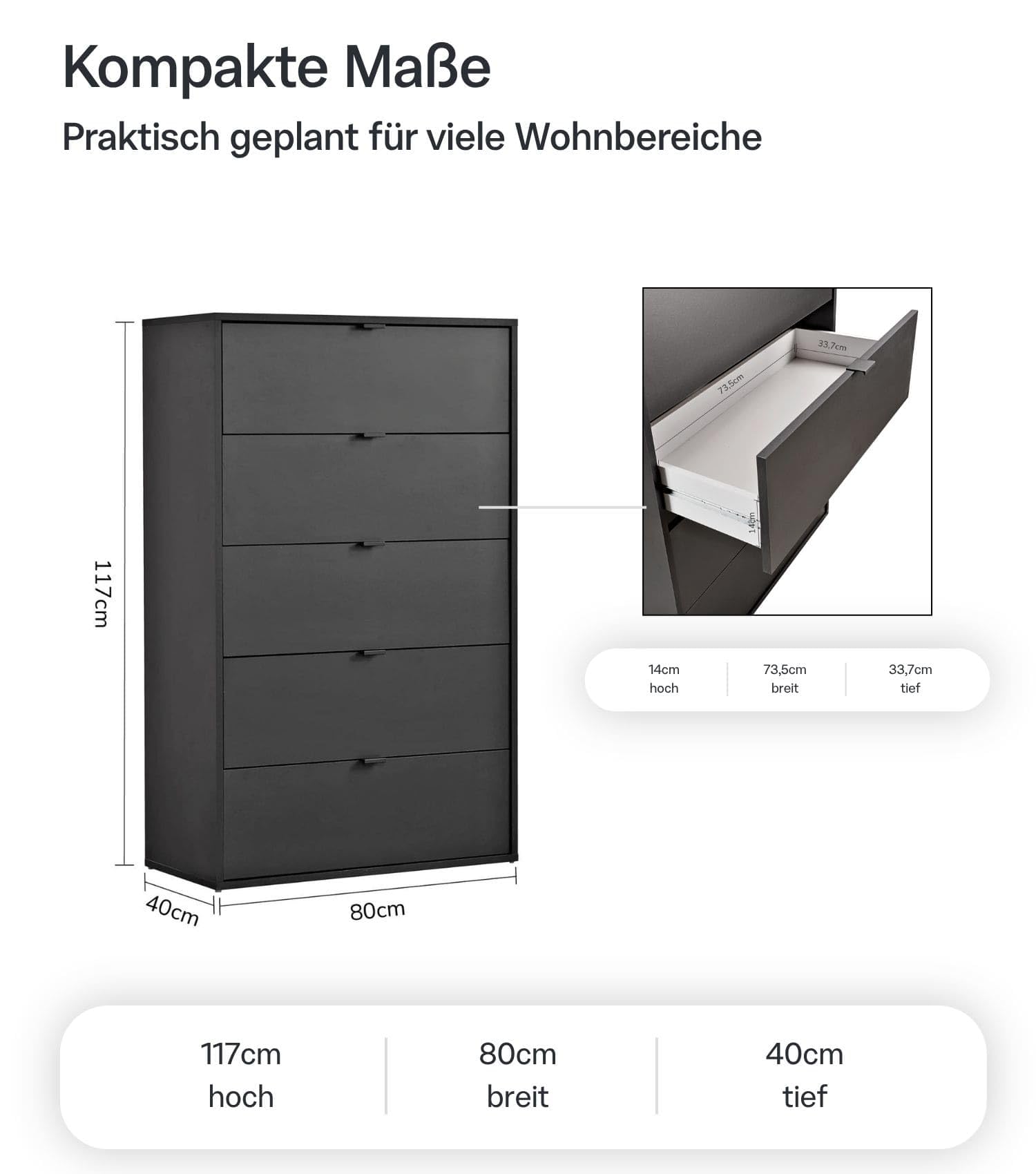 mokebo Kommode 'Die Stilvolle' (80x117x40 cm) Made in Germany, Highboard, Anrichte, Sideboard, Schubladenschrank für Schlafzimmer, Flur & Kinderzimmer mit 5 Schubladen aus Holz in Anthrazit Schwarz
