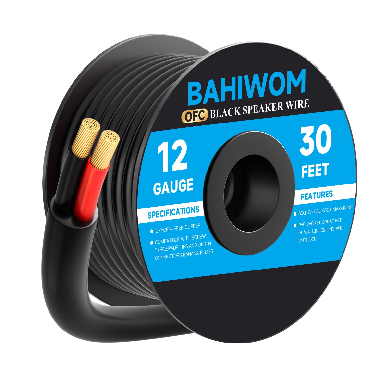 Cable de altavoz OFC de 12 AWG (9,16 metros), cable de altavoz OFC CL3 clasificado para patio, jardín, patio trasero, audio de paisaje, entierro directo en tierra/pared, color negro, 2
