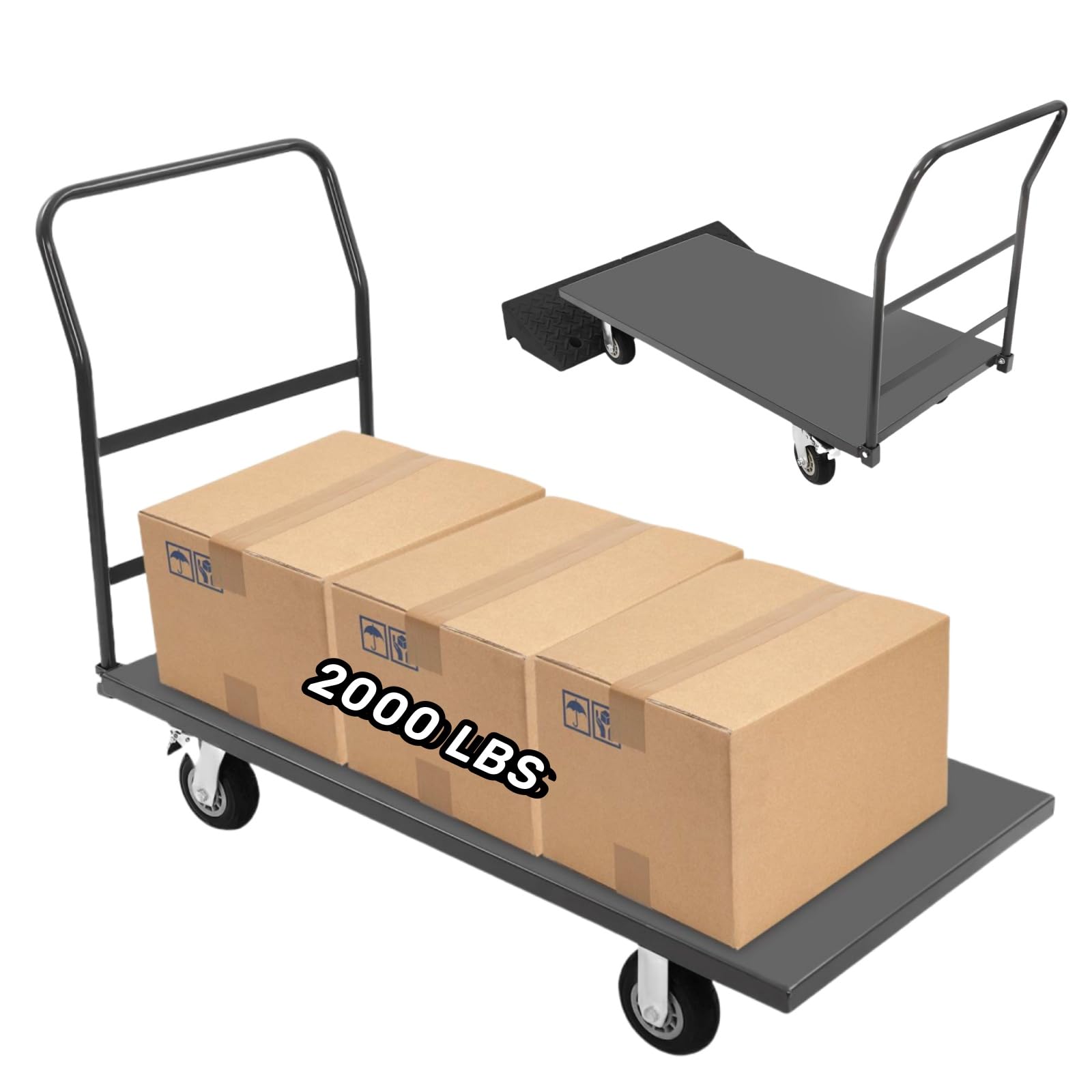 Platform Truck, 2000 LBS Capacity Heavy Duty Material Dolly Cart with 4 Rubber Wheels and 2 Slope Pads, 49.17