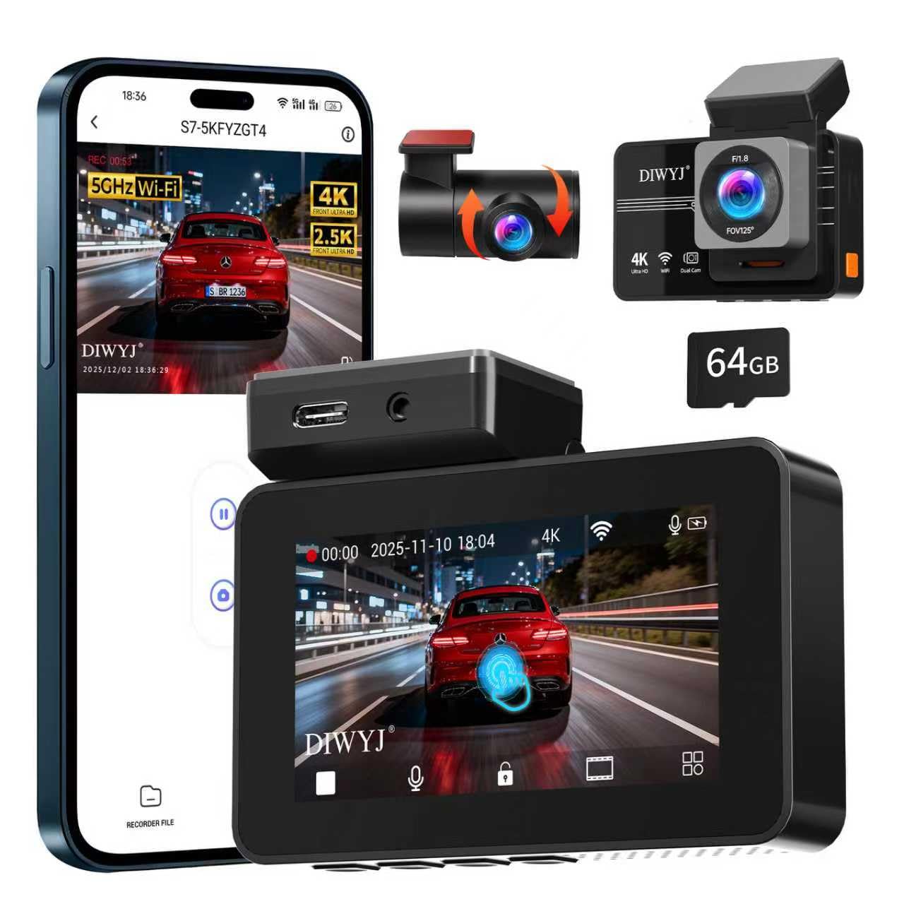 Dash Cam Front and Rear 4K 2 5K Dual Channel Car Camera with 5GHz WiFi 3 IPS APP