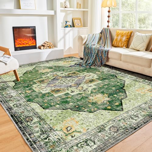 OPPODREAM Area Rugs 9x12 Living Room, Soft 9x12 Area Rug, Washable Carpet 9 x 12 with Non Slip Backing, Faux Cashmere Low-Pile 9 x 12 Carpet, Green & Yellow