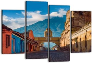 Canvas Wall Art for Bedroom 4 Panels cityscape antigua city guatemala volcano pictures royalty Framed Art Prints Wall Decor for Bathroom Ready to Hang Western Home Decor Office Bar