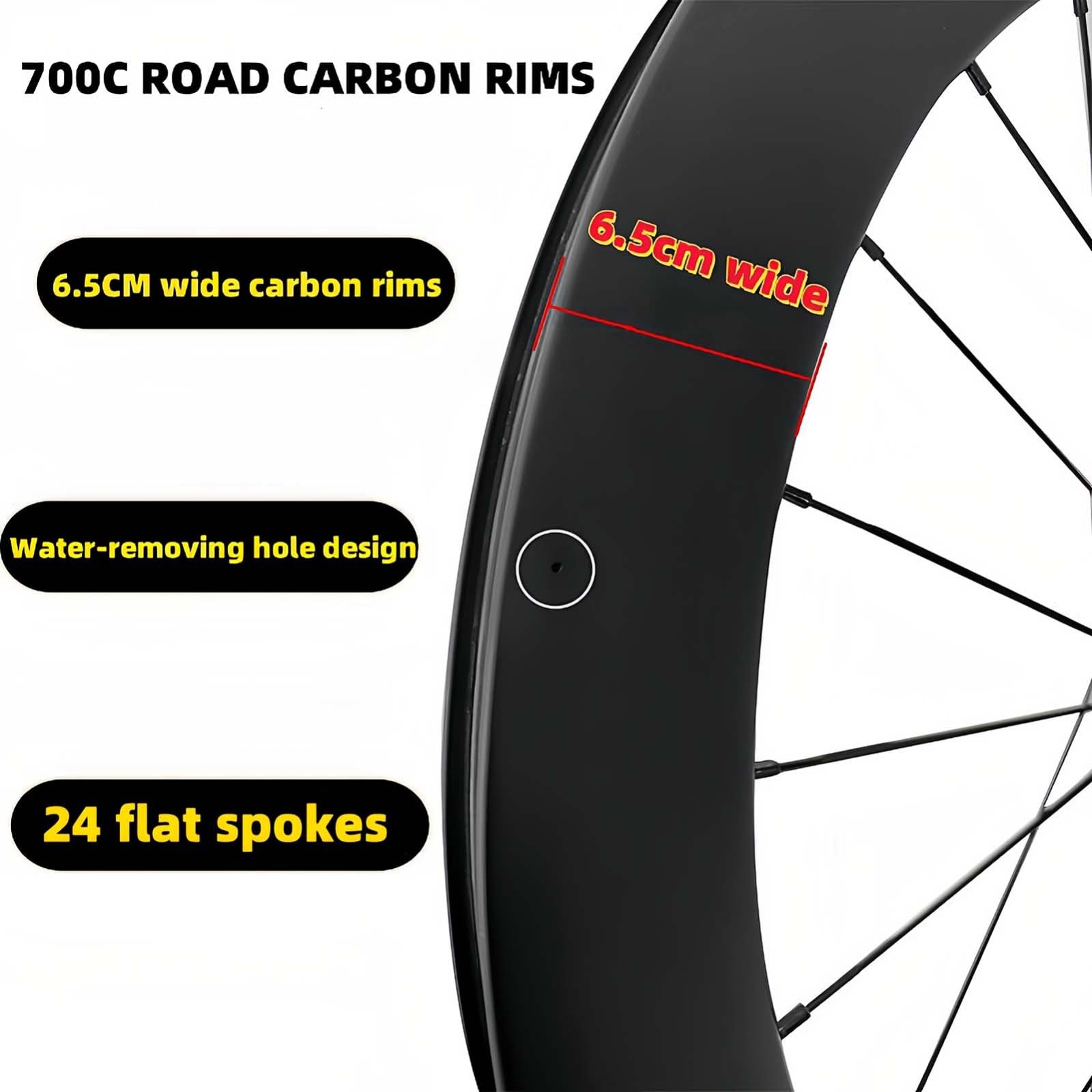 Fahrradlaufräder 700C Carbonfaser 65 mm Steckachse aus hochfester Carbonfaser 100-140 mm Pressfit-Scheibenbremse Rennradlaufrad für 8 9 10 11 12 Gänge (Nero-700C/65MM)