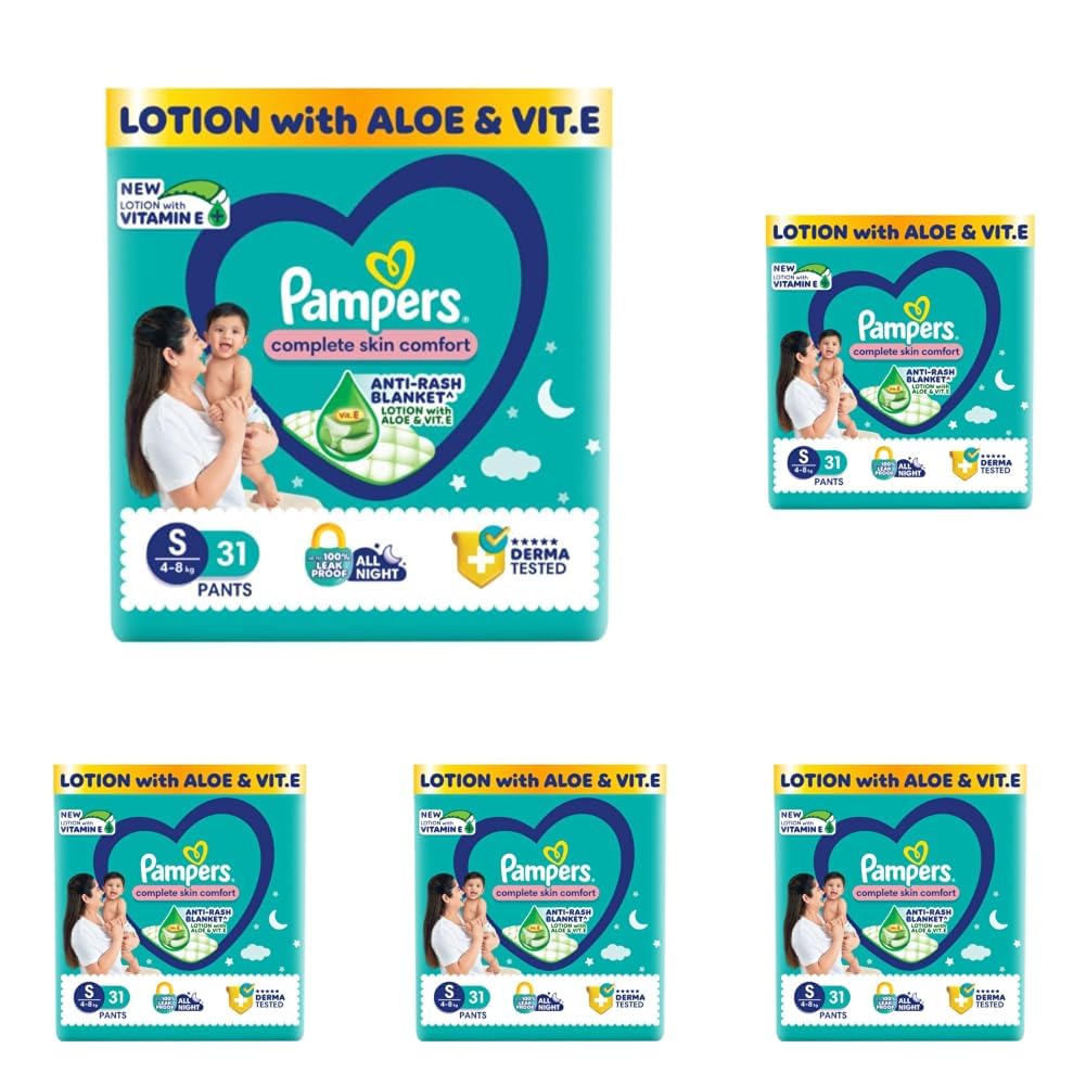 Pampers Complete Skin Comfort Pants, Anti-rash blanket, Lotion with Vitamin E & Aloe Vera, Small size baby Diapers, (S) 30 Count, 4-8 kg (Pack of 5)-image-42