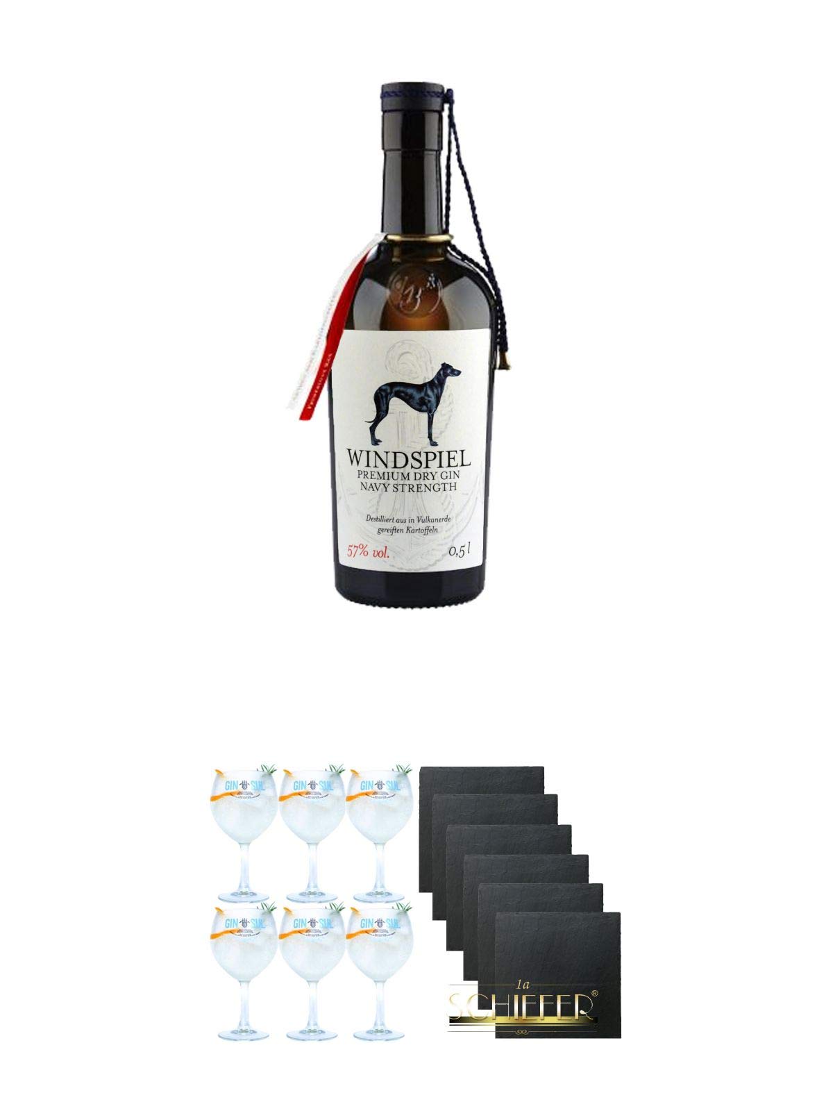 Windspiel Dry Gin NAVY STRENGTH 57% Deutschland 0,5 Liter + Gin Sul Copo Ballon Glas 6 Stück + Schiefer Glasuntersetzer eckig 6 x ca. 9,5 cm Durchmesser
