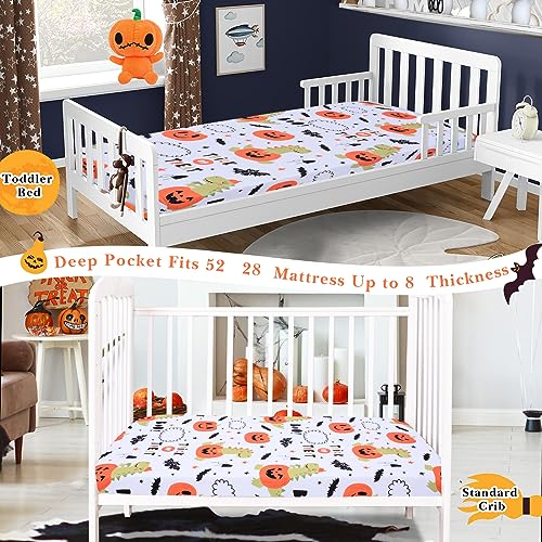 Image of Cloele Halloween Fitted Crib Sheet for Boys Girls,Pumpkin Dinosaur,52x28in | Baby Nursery Sheet,Cozy Bed Sheet,Standard Crib and Toddler Mattresses,Bats Crib Mattress Infant Toddler Sheet