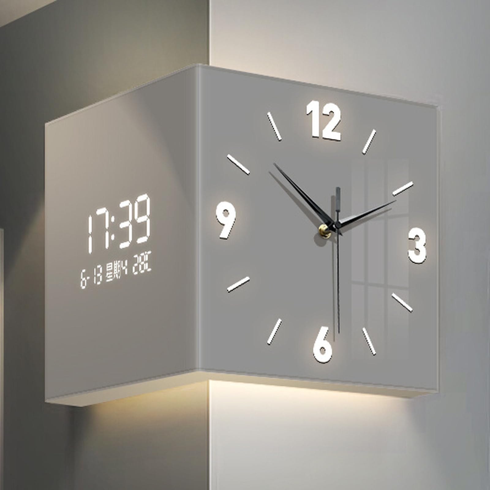 Topjia 10/12/16 Inch Square Led Double Sided Corne Wall Clock, Modern Creative Sensor Luminous Corner Wall Lamp with Digital Timepiece & Scale for