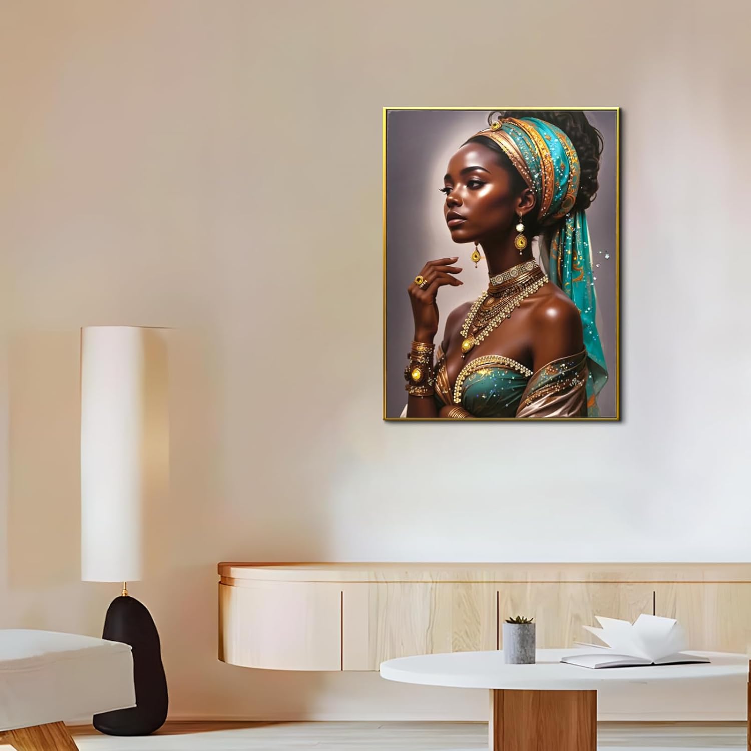DRLWGTY Framed Elegant Black Woman Wall Art – Modern Portrait Painting with Hand-Applied Gemstone Details, Large Canvas Artwork for Bedroom Living Room,Ready to Hang