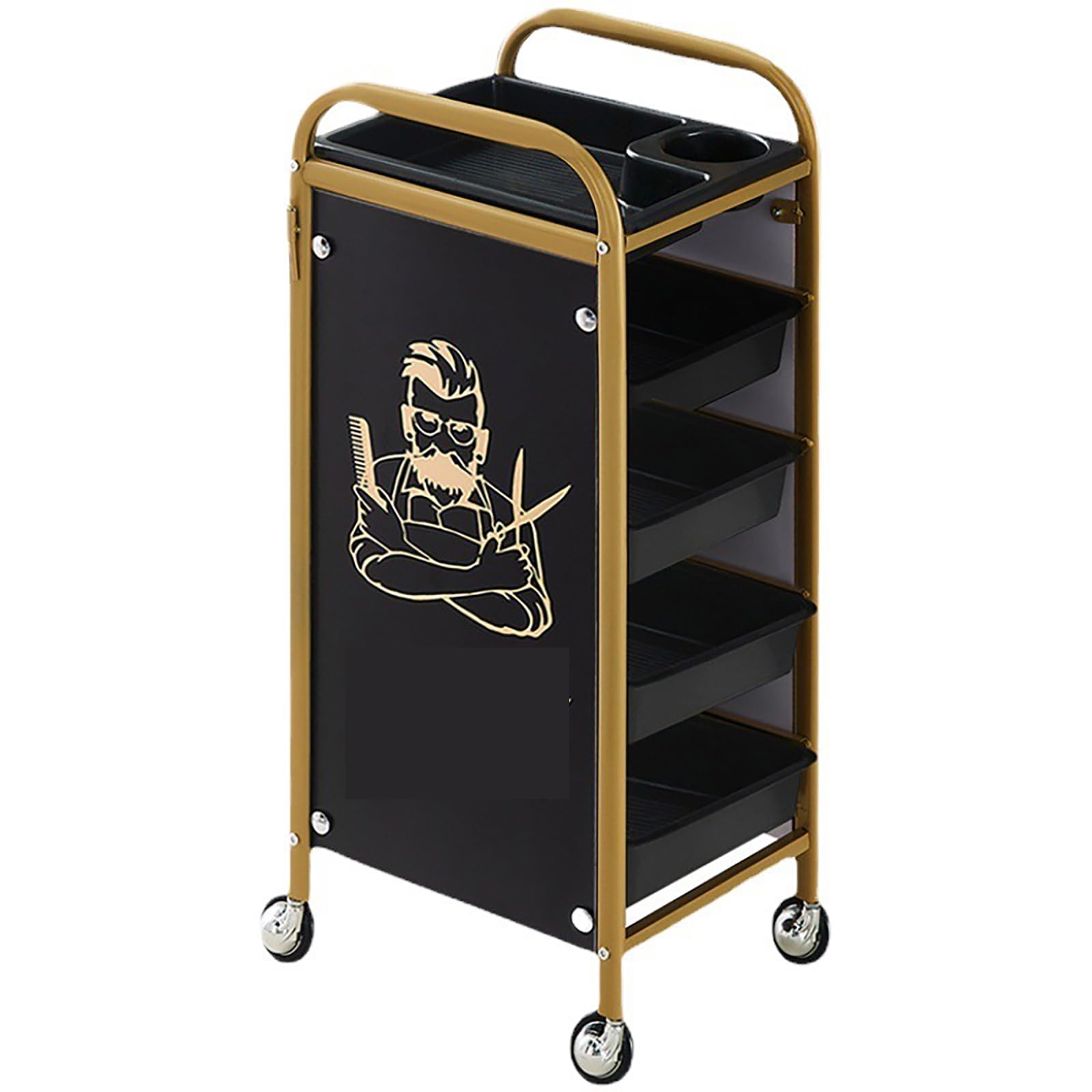 Armadietto portaoggetti per parrucchieri, con ruote, 5 ripiani, con rotelle, postazione di lavoro per parrucchieri e barbieri, stile retrò (stile alla moda) (nero)