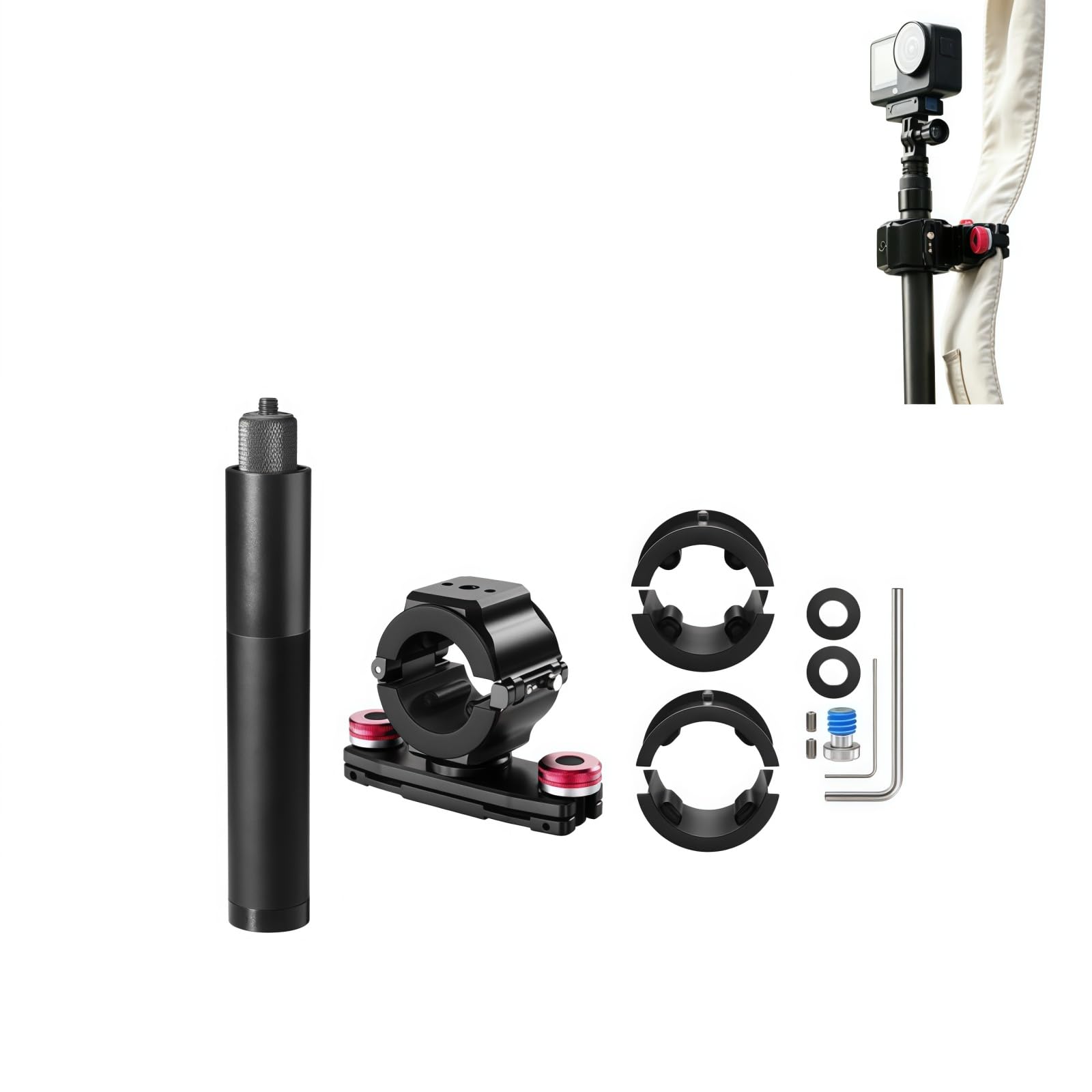 Kij do selfie z zaciskiem do paska na ramię plecaka, kompatybilny z Insta360 X5, uchwyt na pręt 19-30 mm, obracany o 360 stopni uchwyt do vloga na świeżym powietrzu, fotografowania w podróży z