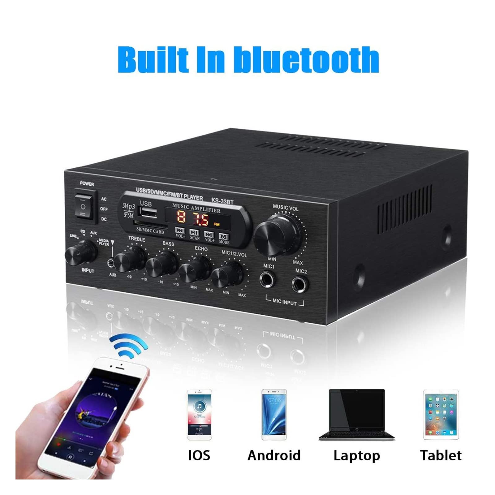 EDEDE Amplificatore Audio, Amplificatore Digitale HiFi Stereo LED Amplificatori digitali Scheda di Memoria USB Aux Radio FM 2x450W Amplificador per Auto casa Speaker Bar Party