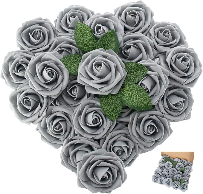 Amazon.com: Isquene [25PCS] Grey Roses Artificial Flowers with Long ...