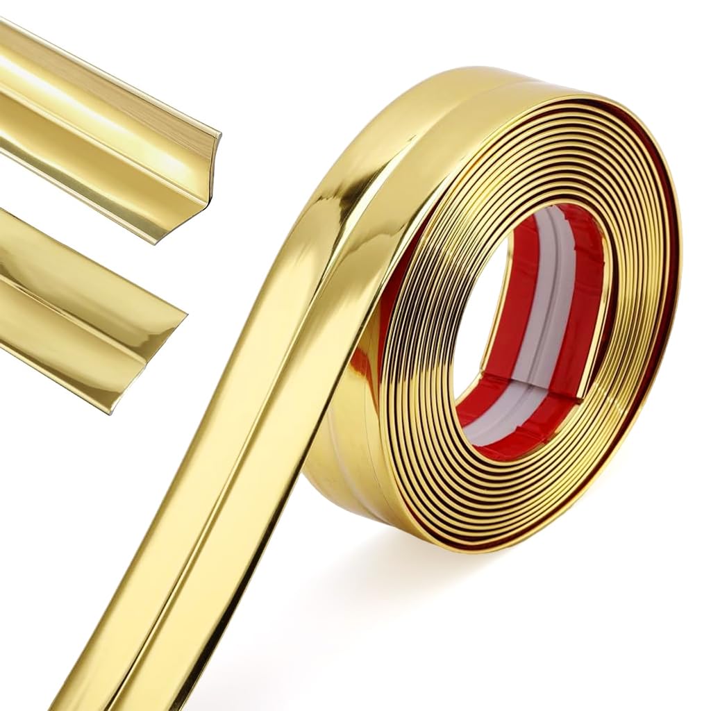 HASTHIP® 1 Rolls Golden Wall Molding Trim - Flexible PVC Wall Molding Trim & Corner Guards & Caulk Strip, Apply in Table Edge Door Frame Baseboard for Protection and Decoration, 9.84ft x 0.78in