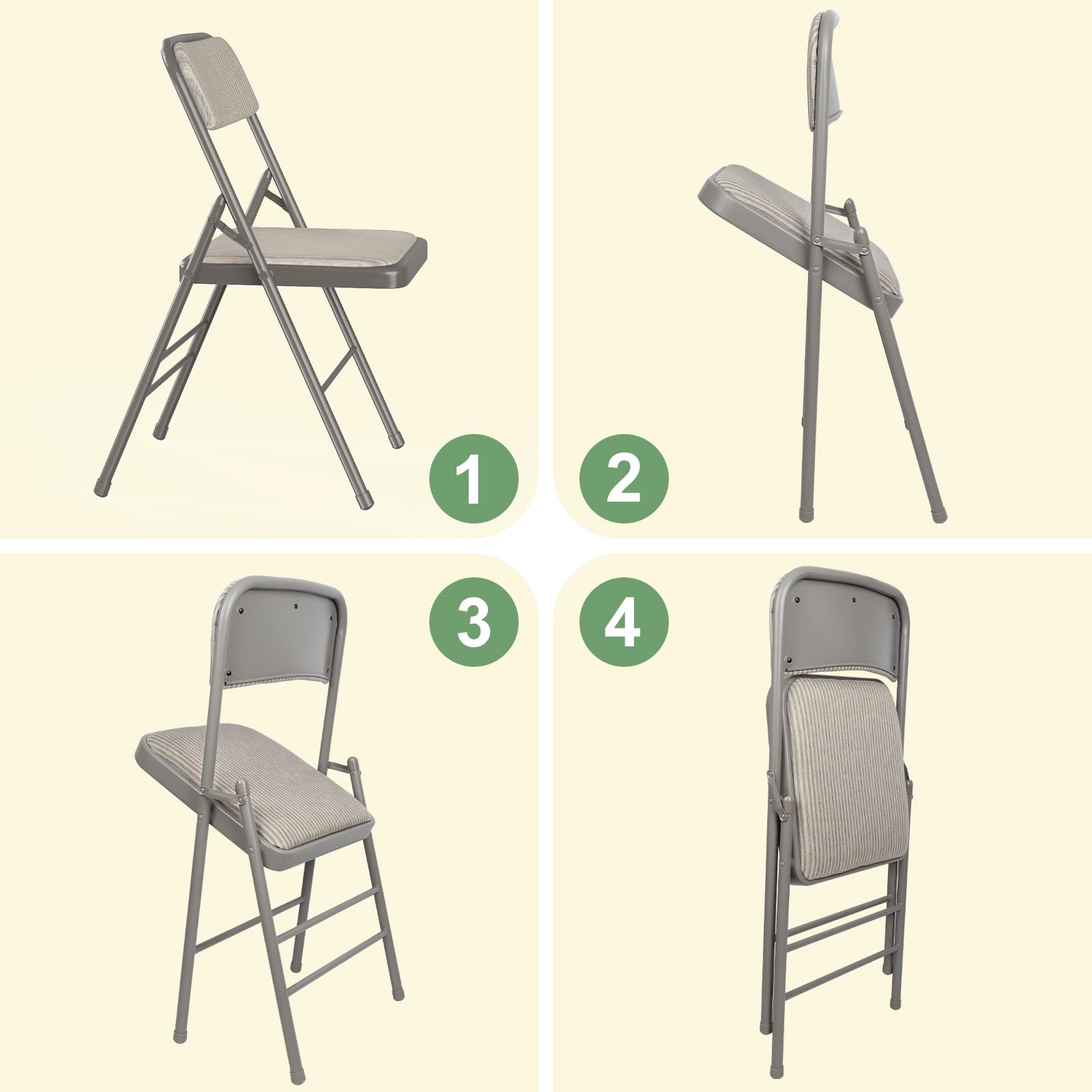 Lot de 4 Chaise Pliante, Chaises de Salle à Manger en Tissu, Cadre en métal, avec Dossier, 45x48x78cm, pour Salon, Bureau, Salle à Manger, Gris