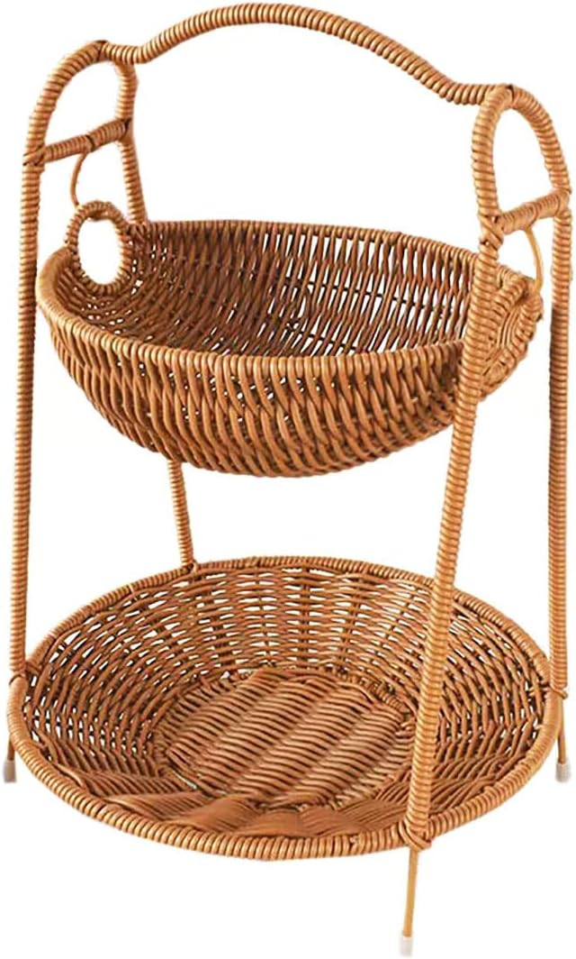 RT&BS 2 Tier Fruit Basket for Counter, Handwoven Desktop Display Basket, Fruit Bowl for Kitchen Counter (10.2 * 10.2 * 13.8'')