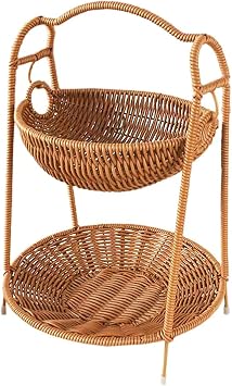 RT&BS 2 Tier Fruit Basket for Counter, Handwoven Desktop Display Basket, Fruit Bowl for Kitchen Counter 10.2 * 10.2 * 13.8