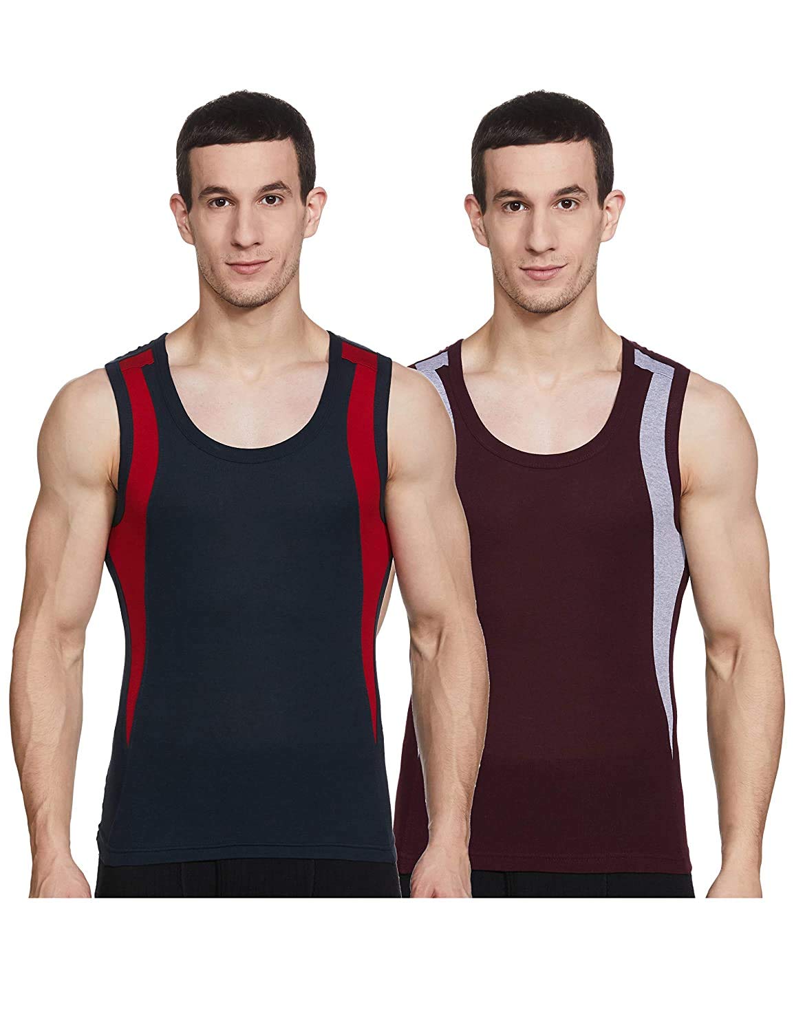 Dixcy Scott Originals Men's Cut & Sew Color Block Printed On Side Durable & Comfortable 100% Combed Cotton Muscle Fit Gym Regular Fit Vest Innerwear (Pack of 2)