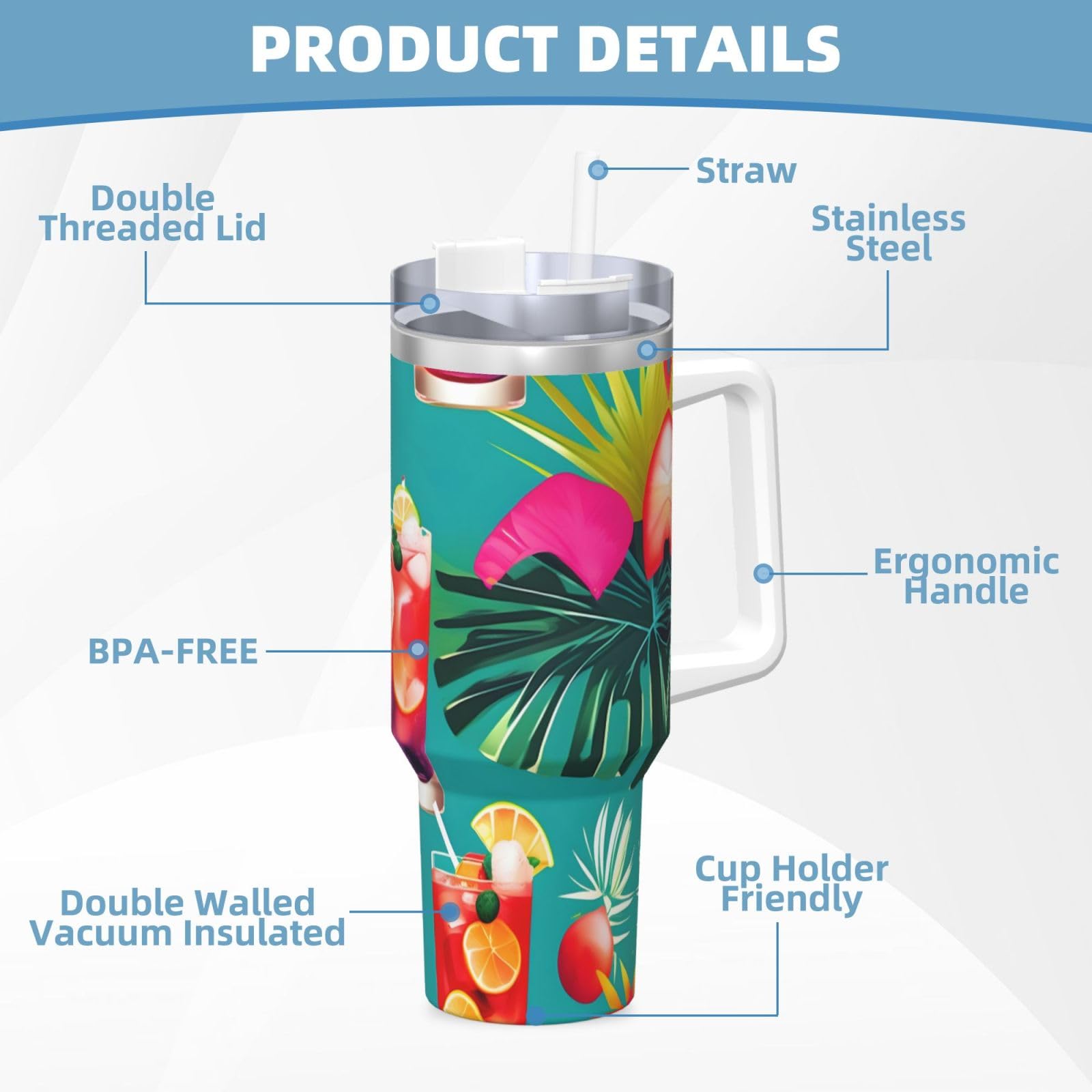 Tropical Cocktails Ice Bully - Botella de agua de acero inoxidable con aislamiento de doble pared con asa y tapa con popote