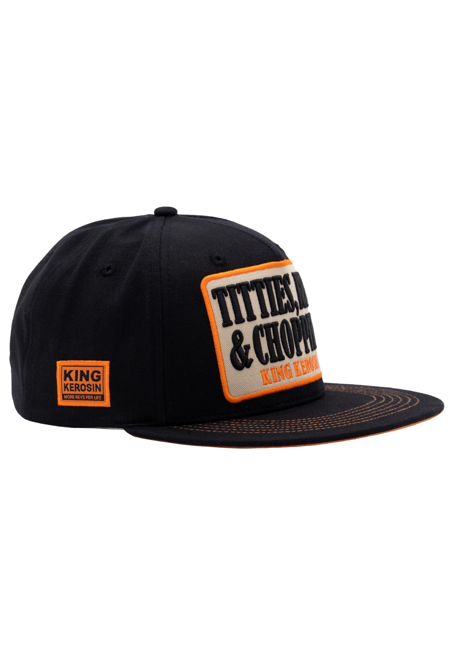King Kerosin Gorra plana para hombre con parche bordado en 3D Titties, Beer & Choppers