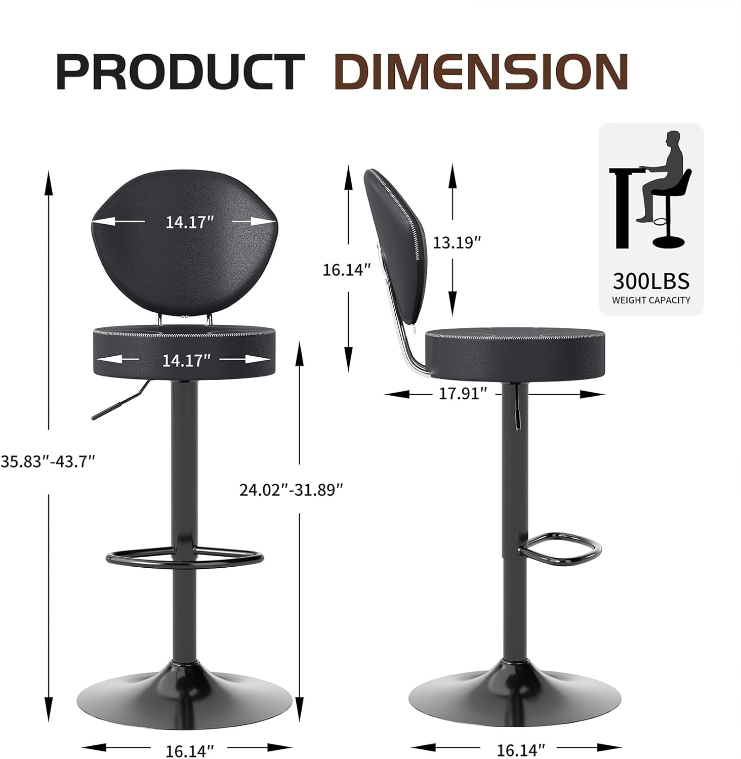 Bar Stools Set of 3 with Back, Modern Swivel Counter Height Barstools with Footrest, Tall Armless Faux Leather Bar Chairs with Adjustable Height for Kitchen Island, Black