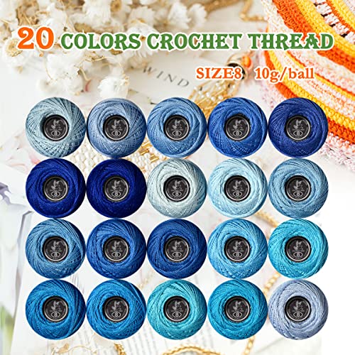 Image of Soft 20 Colors Classic Crochet Thread 20 Pack,100% Cotton (blue-800-159)