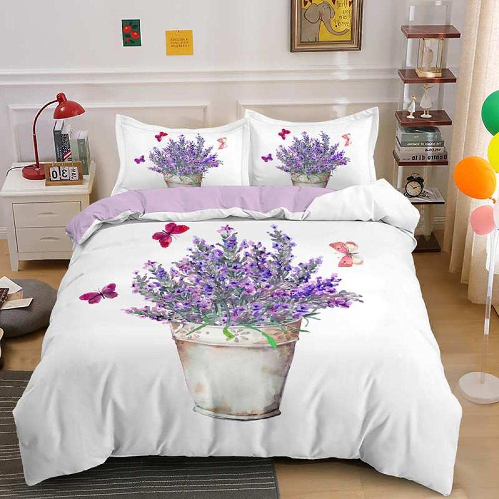 QWFDAQbedding seKing：95 inch x 86.7 inch duvet cover sets, White purple cartoon lavender flower pot Duvet Cover Set Double, 3 Piece Print Bedding Set Print Duvet Set.1 Quilt Cover with 2 Pillowcases