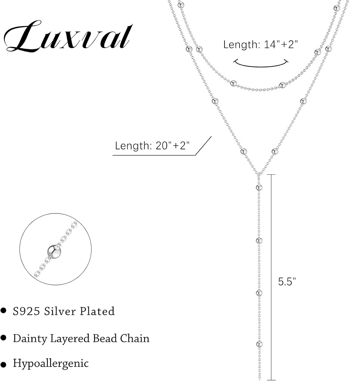 Luxval Lariat Silver Necklace for Women, Dainty Long Necklace Silver Y-Shaped Pendant Necklaces Trendy Beaded Chain Drop Necklaces Jewelry for Women Gifts - Image 7