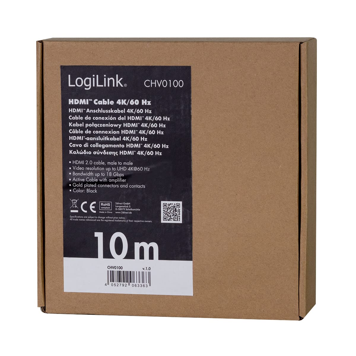 LogiLink CHV0100 - Cable de conexión HDMI para Ultra HD 4K/60Hz con AMP (Amplificador), 3 apantallados, 10 m