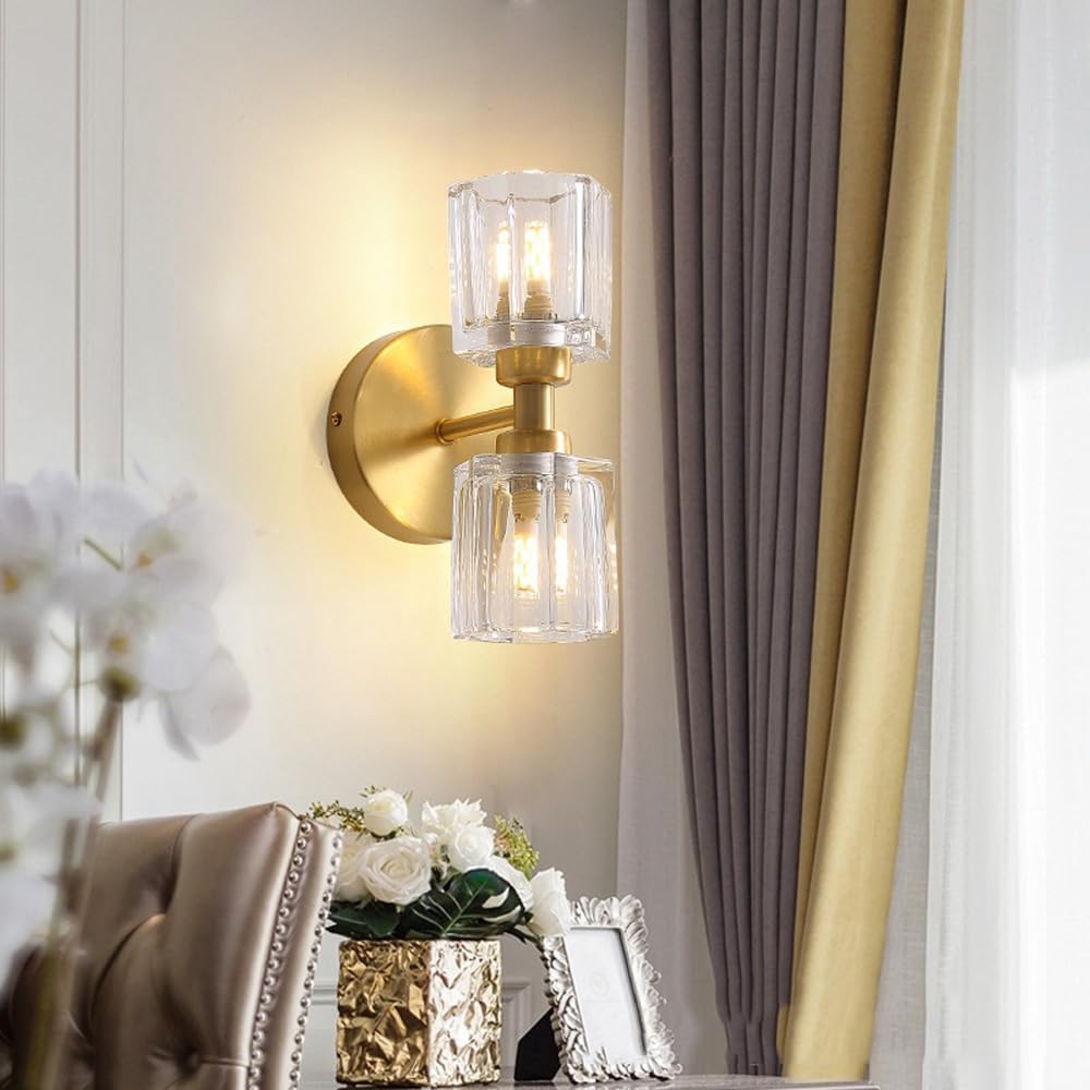 Modern Home Decoration Bathroom Wall Sconces Crystal Copper Wall Light Fixture Indoor Up Down Wall Mount Lamp Glass Vanity Light Farmhouse Gold Ceiling Light for Hallway Bedroom Porch